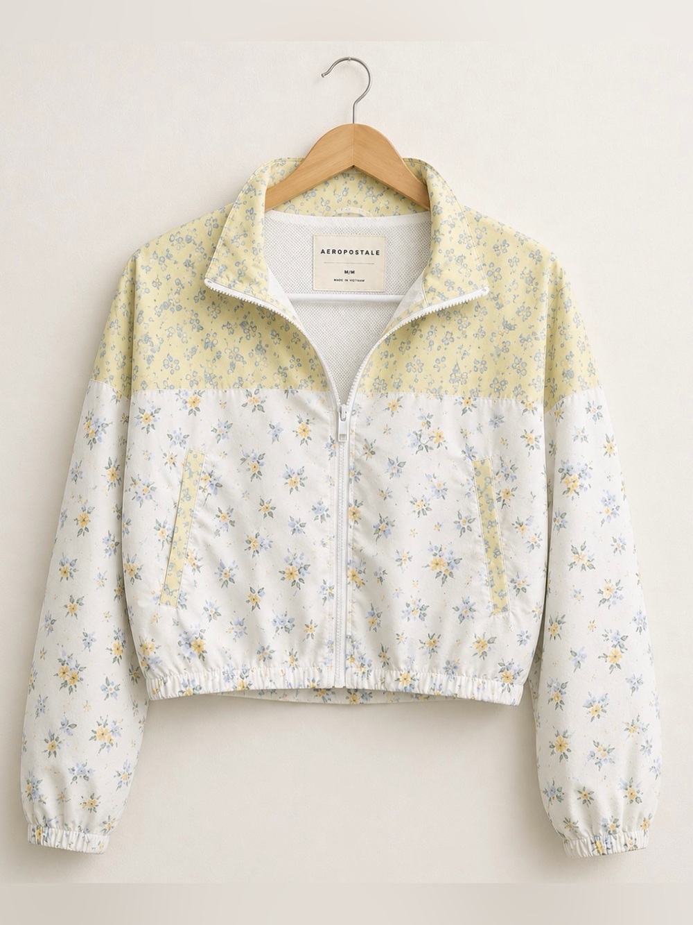 Aeropostale Floral Cropped Windbreaker Jacket XS Yellow White Lightweight